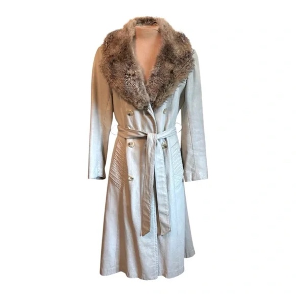 Vintage 70’s Leather and Fur Coat Fit & Flare with Belt Size 6-8 (True Vintage)